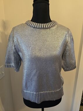 Metallic Silver Short-Sleeve Crewneck Sweater